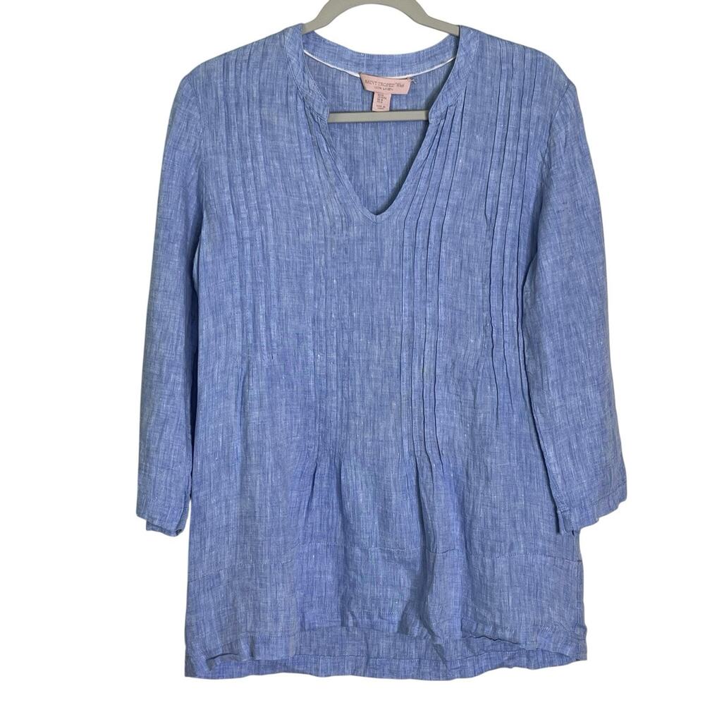 Saint Tropez West Tunic Top M 100% Linen Lagenlook V-Neck Pintucks Blue Coastal